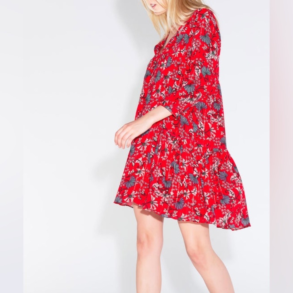 Ba&sh Eve Red Floral & Silver Metallic Boho Flared Mini Dress